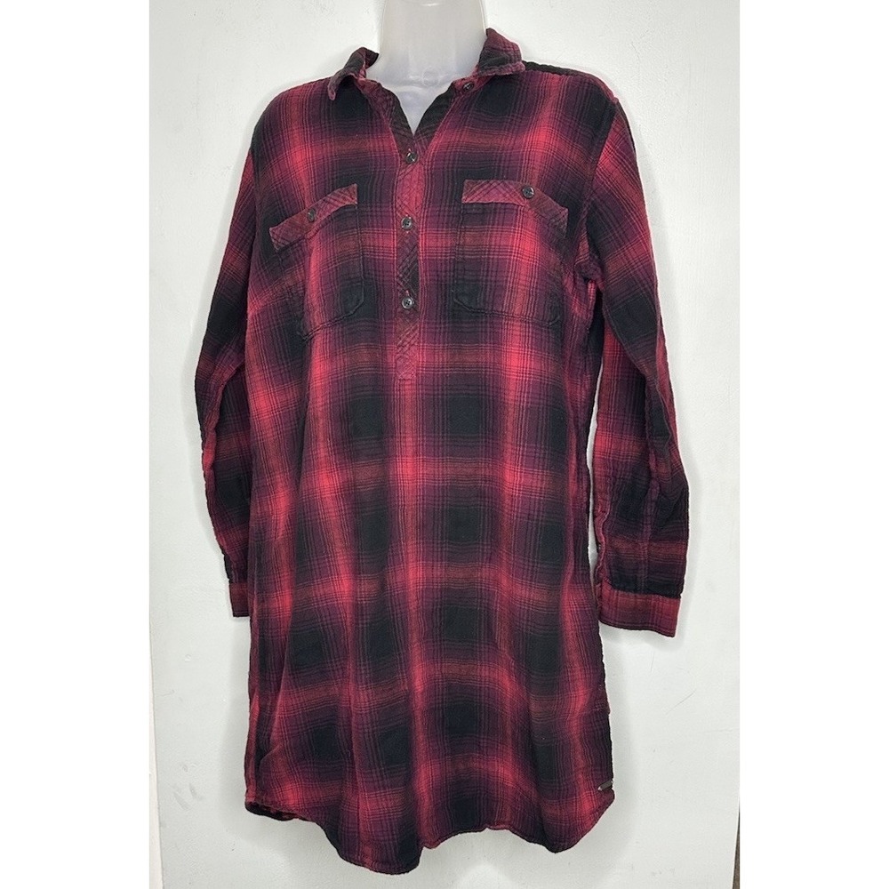 VTG Eddie Bauer Flannel Red Black Plaid Night Shirt Sleep Pockets Womens Size 16